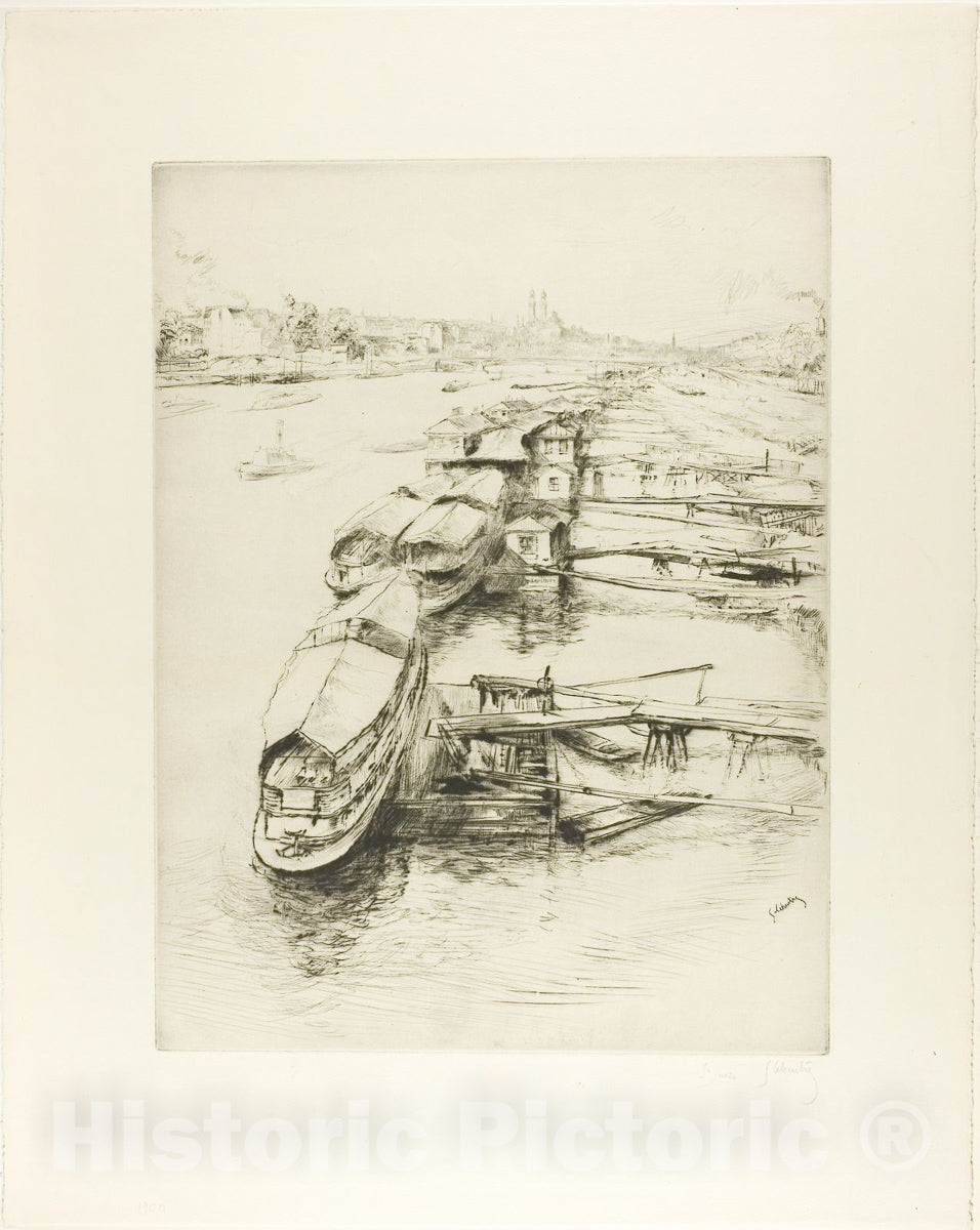 Art Print : Barges at Auteuil, Gustave Leheutre, c 1850, Vintage Wall Decor :
