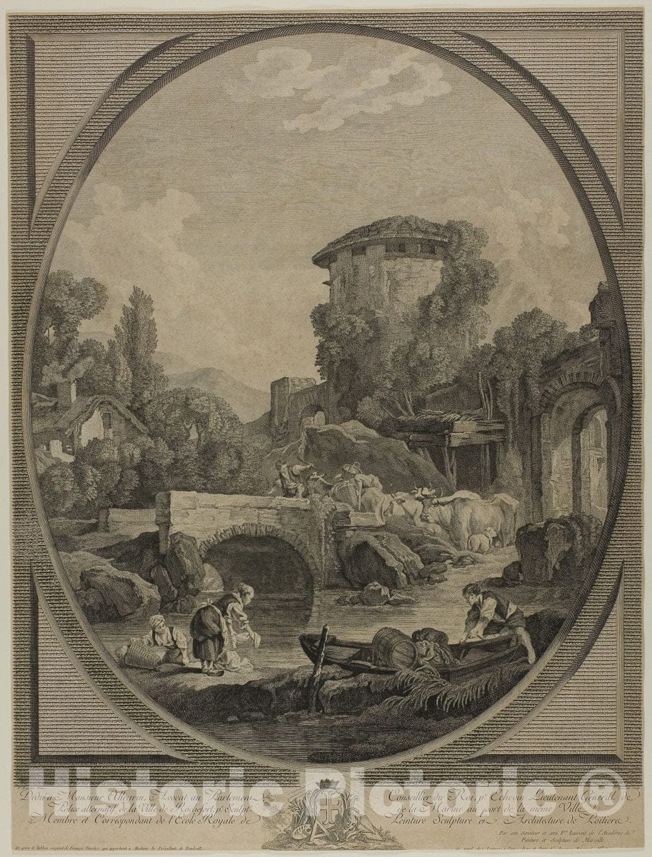 Art Print : Landscape with a Bridge and a Dovecote, Pierre FranÃ§ois Laurent, c 1950, Vintage Wall Decor :