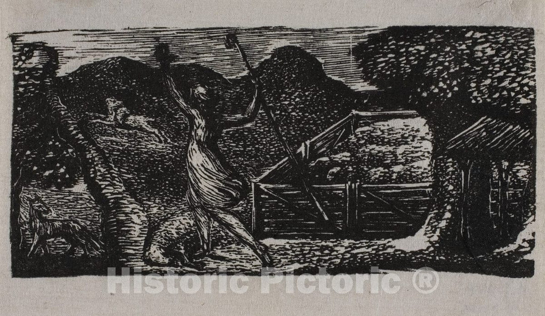Art Print : Shepherd Chases Away Wolf, from The Pastorals of Virgil, William Blake, c.1883, Vintage Wall Decor :
