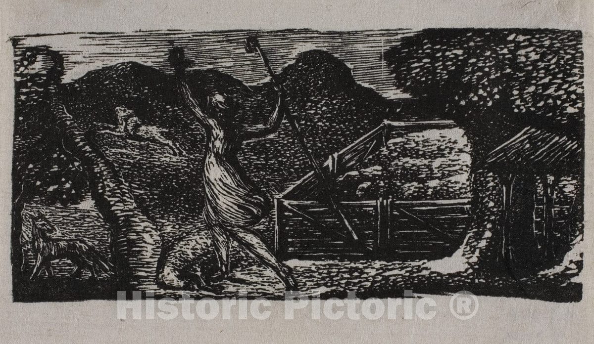 Art Print : Shepherd Chases Away Wolf, from The Pastorals of Virgil, William Blake, c.1883, Vintage Wall Decor :