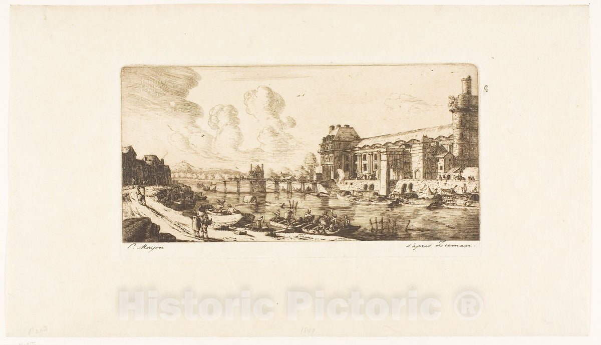 Art Print : The Pavillon de Mademoiselle and Part of the Louvre, Charles Meryon, c 1880, Vintage Wall Decor :