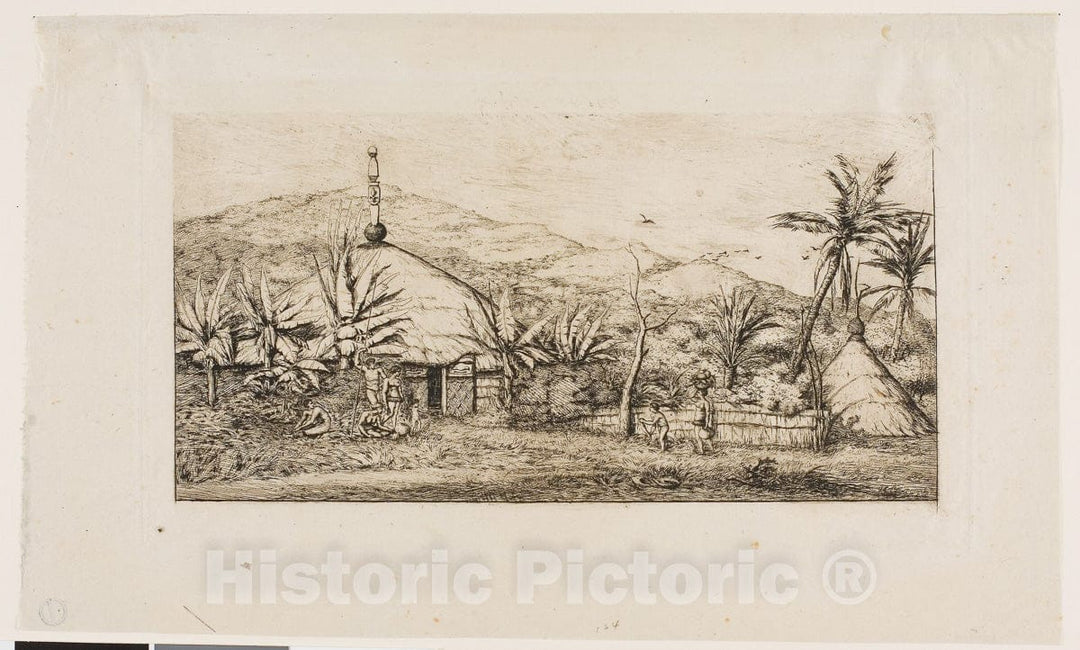 Art Print : New Caledonia: Large Native Hut on the Road from Balade to Puepo, 1845, Charles Meryon, c 1863, Vintage Wall Decor :