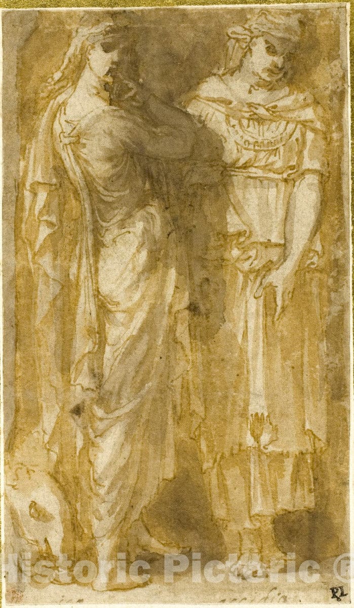 Art Print : Two Standing Female Allegorical Figures: Anger and Sloth, Circle of Pirro Ligorio, c.1590, Vintage Wall Decor :