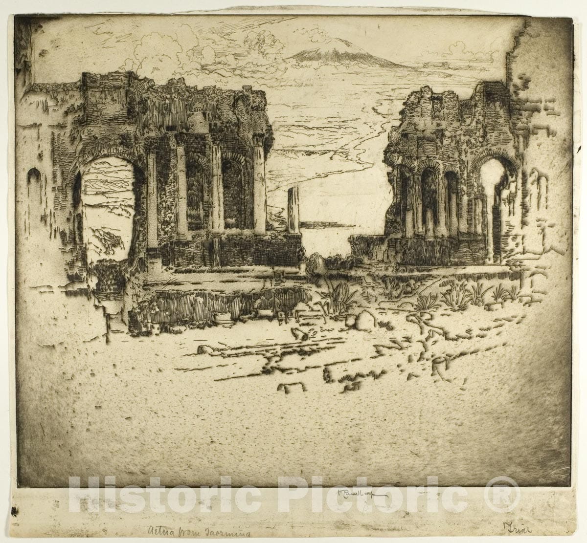 Art Print : Aetna from Taormina, Joseph Pennell, c 1969, Vintage Wall Decor :