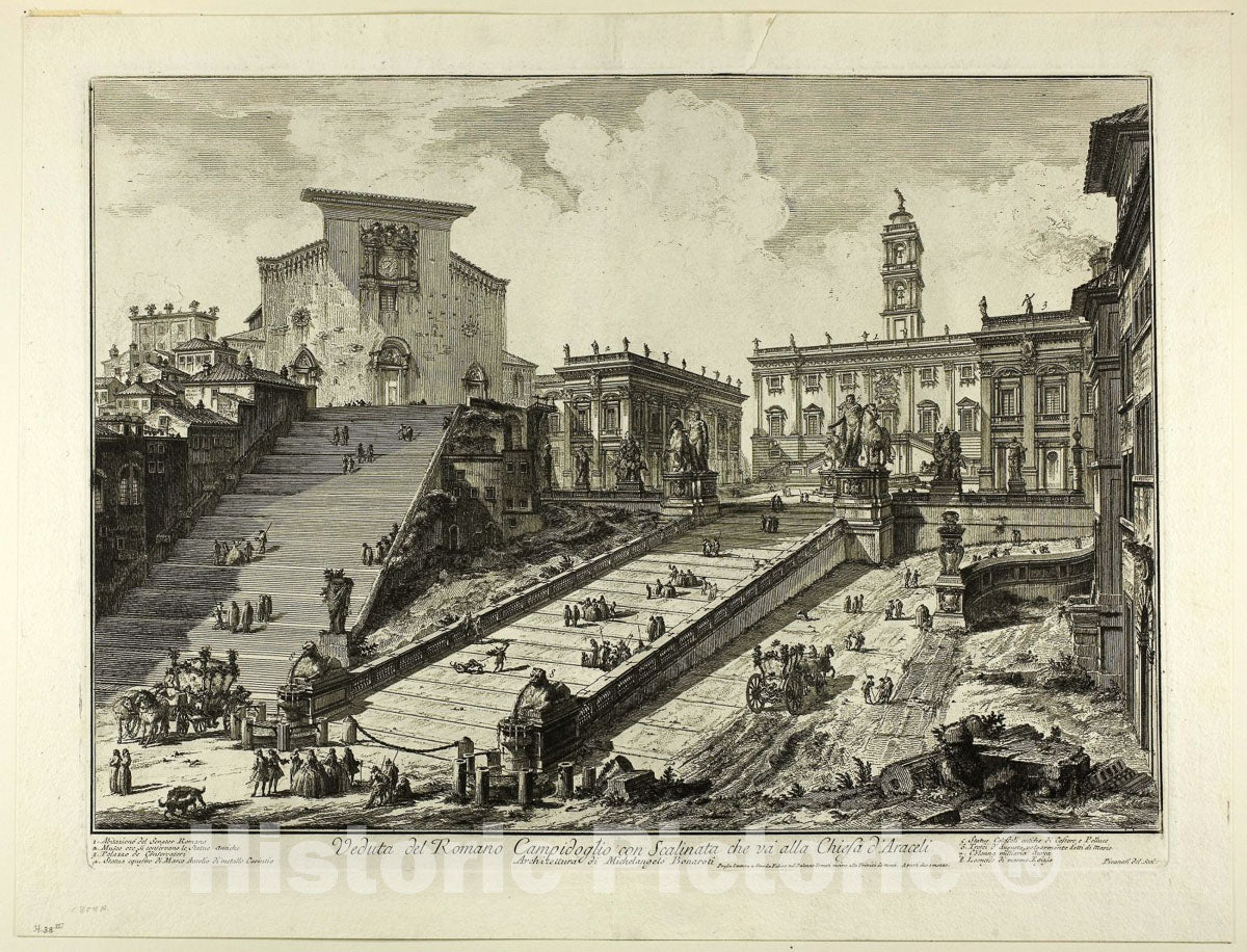 Art Print : View of the Capitoline Hill with the steps to the Church of S. Maria in Aracoeli, from Views of Rome, Giovanni Battista Piranesi, c.1768, Vintage Wall Decor :