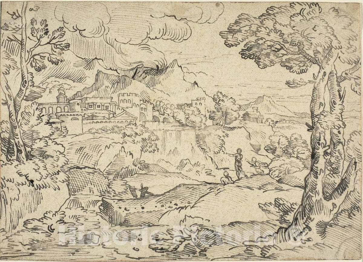Art Print : Italian Landscape with Three Figures, Michel Ange Corneille, c.1690, Vintage Wall Decor :