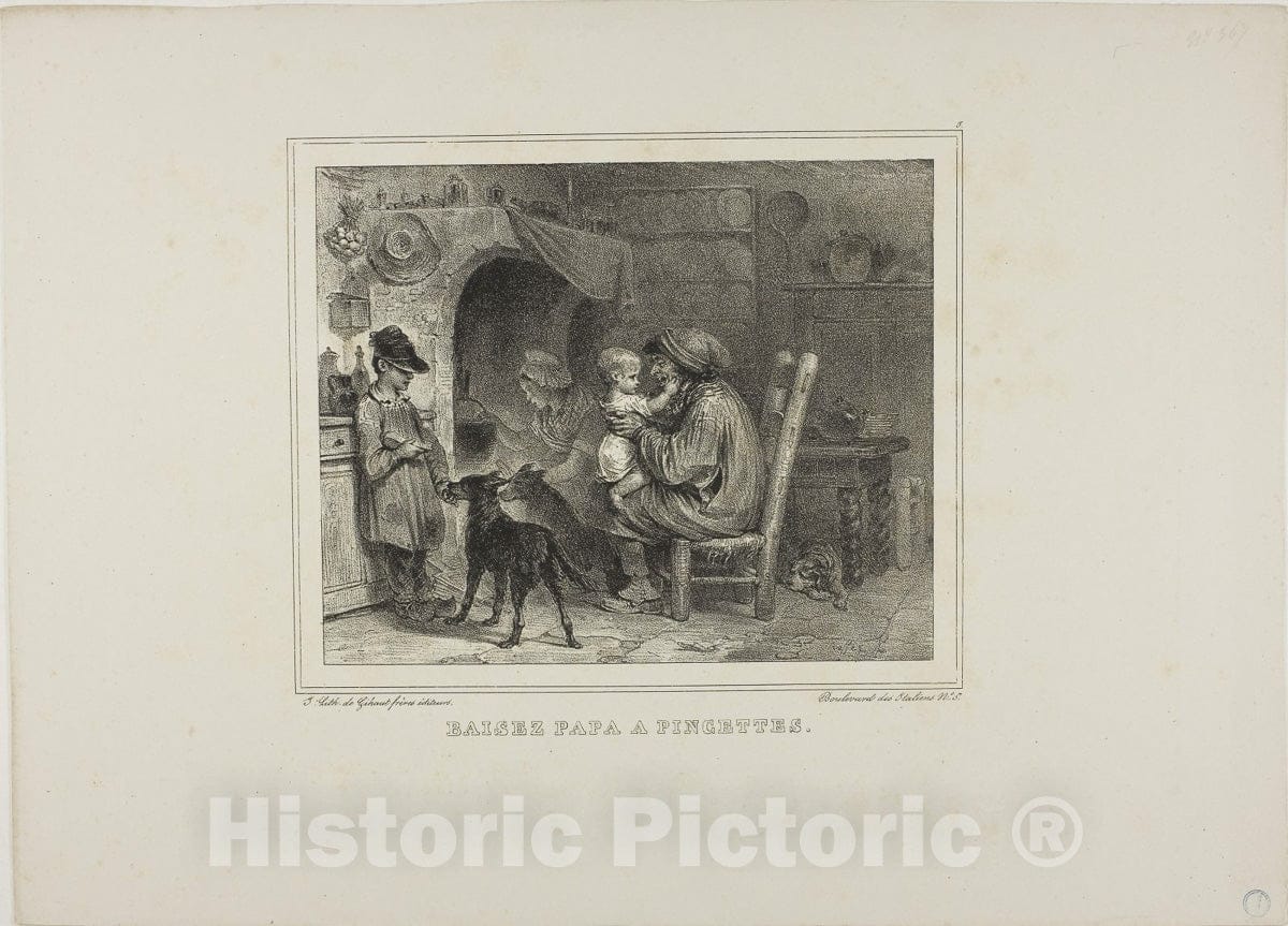 Art Print : Kiss papa with pinches, Denis Auguste Marie Raffet, c 1830, Vintage Wall Decor :