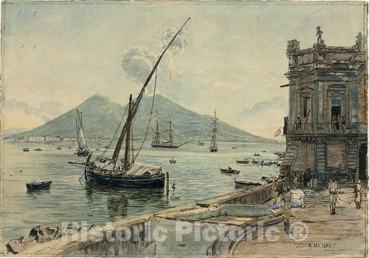 Art Print : Naples with Mt. Vesuvius, Rudolf von Alt, c.1963, Vintage Wall Decor :