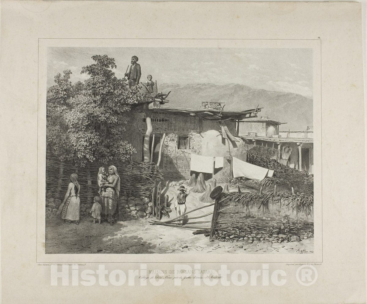 Art Print : Tartar Peasants Homes in the Village of Dere-Koui, near Yalta, Crimea, August 31, 1837, Denis Auguste Marie Raffet, c.1892, Vintage Wall Decor :