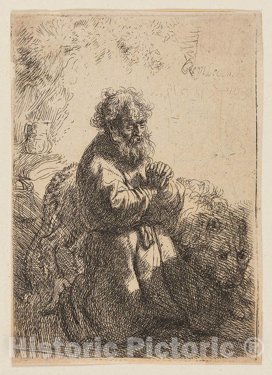 Art Print : St. Jerome Kneeling in Prayer, Looking Down, Rembrandt Harmenszoon Van Rijn, c.1630, Vintage Wall Decor :