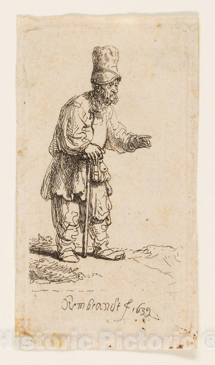 Art Print : Peasant in a High Cap, Standing Leaning on a Stick, Rembrandt Harmenszoon Van Rijn, c.1629, Vintage Wall Decor :