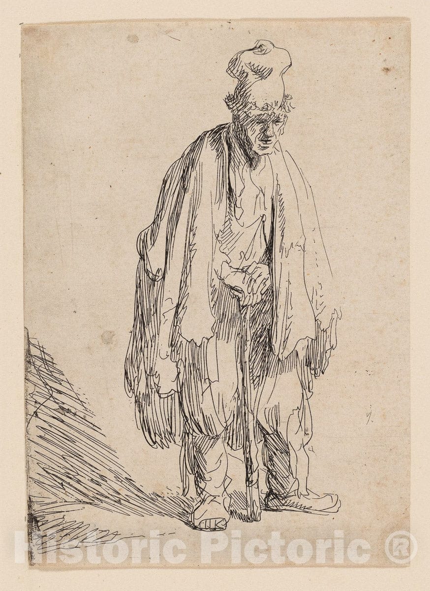 Art Print : Beggar in a High Cap, Standing and Leaning on a Stick, Rembrandt Harmenszoon Van Rijn, c 1855, Vintage Wall Decor :