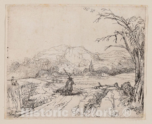 Art Print : Landscape with Sportsman and Dogs, Rembrandt Harmenszoon Van Rijn, c 1910, Vintage Wall Decor :
