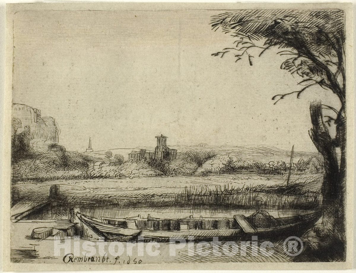 Art Print : Canal with a Large Boat and a Bridge, Rembrandt Harmenszoon Van Rijn, c.1746, Vintage Wall Decor :