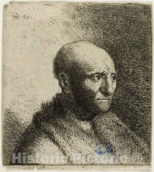 Art Print : Bald Man in a Fur Cloak: Bust, Rembrandt Harmenszoon Van Rijn, c.1881, Vintage Wall Decor :