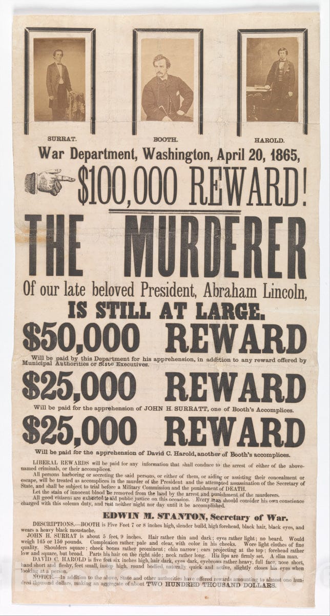 Photo Print : Broadside for The Capture of John Wilkes Booth, John Surratt, and David Herold : Vintage Wall Art