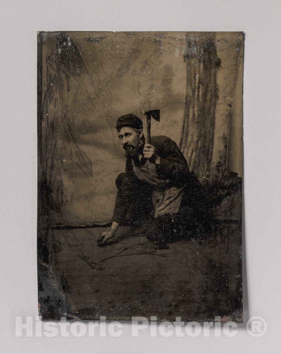 Art Print : Kneeling Carpenter Holding a Nail and Raised Hammer - Artist Unknown : Vintage Wall Art