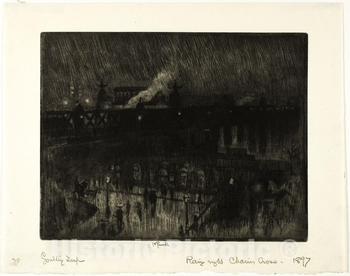 Art Print : Rainy Night, Charing Cross Station, Joseph Pennell, c 1905, Vintage Wall Decor :