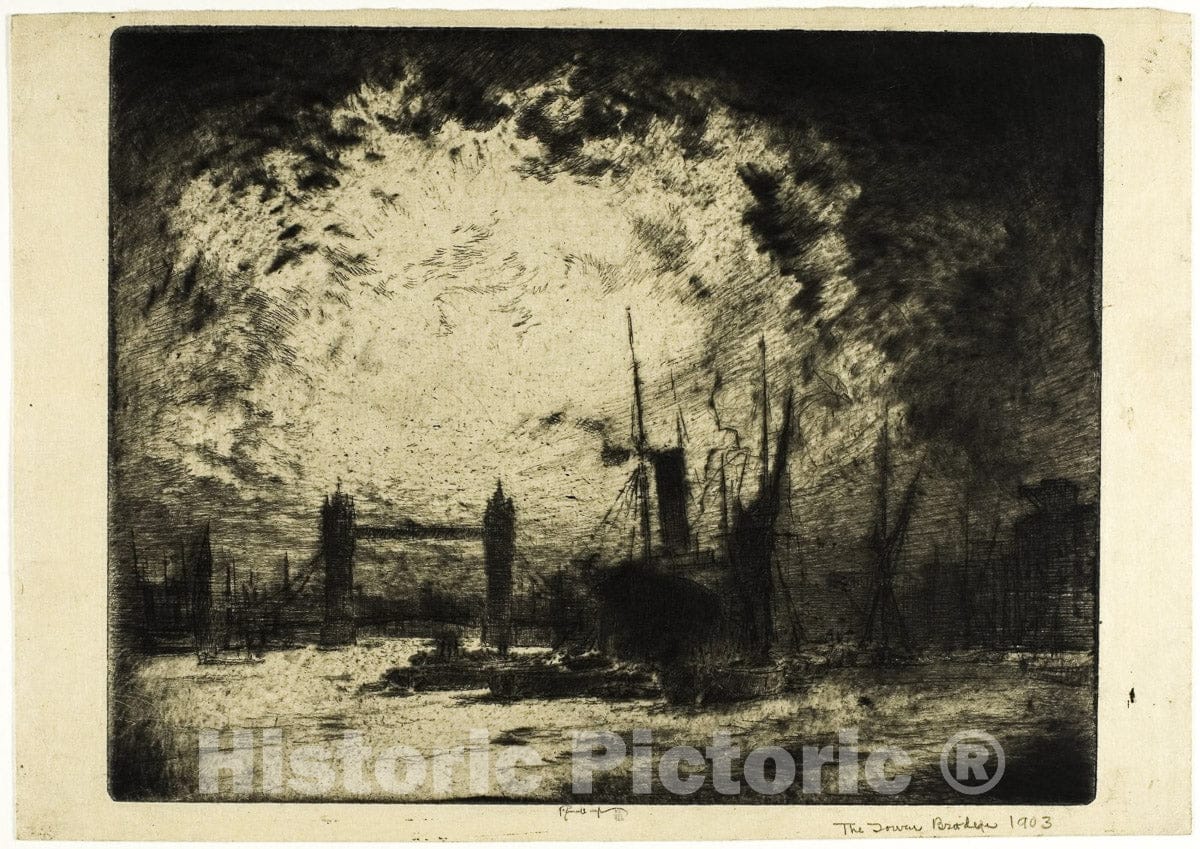 Art Print : The Tower Bridge, Evening, Joseph Pennell, c 1928, Vintage Wall Decor :