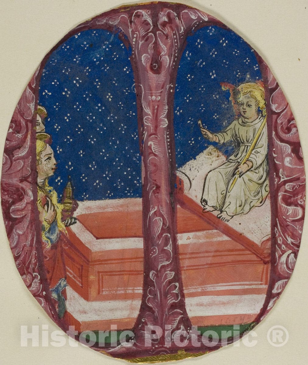 Art Print : Two Marys Discover the Empty Tomb in a Historiated Initial Â“MÂ”, Bonifacio Bembo, Workshop of, c.1400, Vintage Wall Decor :