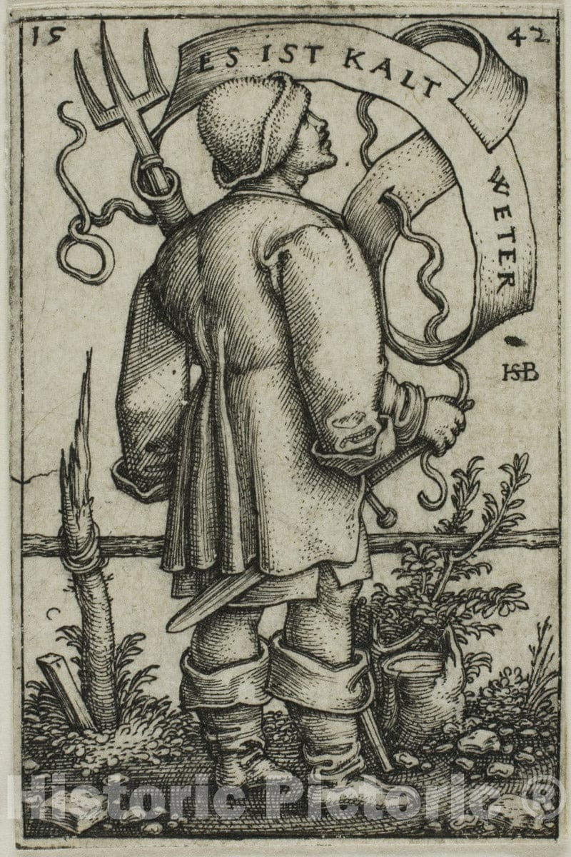 Art Print : The Weather-Peasant "Es Ist Kalt Weter", Hans Sebald Beham, c.1524, Vintage Wall Decor :