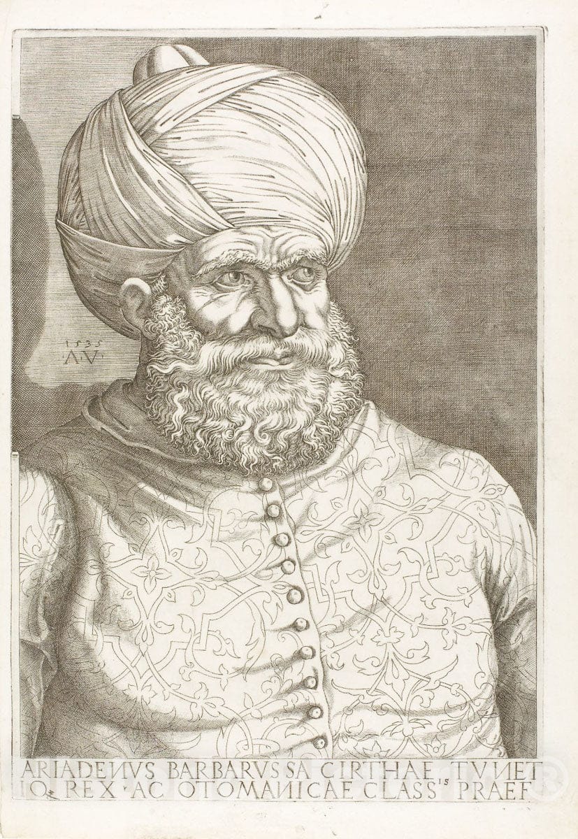 Art Print : Portrait of Barbarossa, Agostino dei Musi, c.1548, Vintage Wall Decor :
