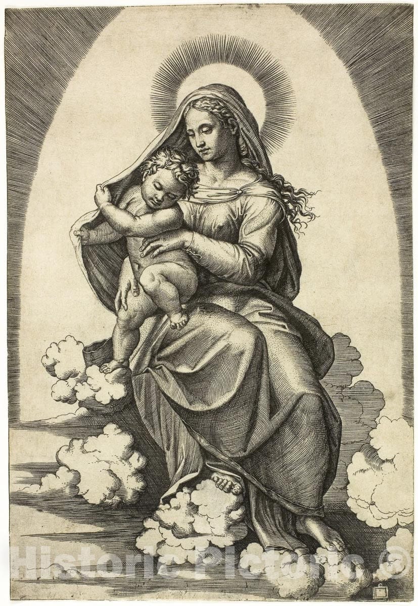 Art Print : Virgin and Child Seated on Clouds, Marcantonio Raimondi, c.1695, Vintage Wall Decor :