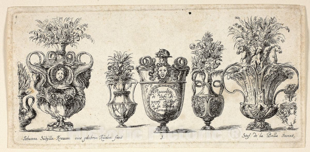 Art Print : Plate One from Raccolta di Vasi diversi di Stef. de la Bella Fiorentino, Johanna Sibylla Kusell, (Kuslin Kraus), c.1660, Vintage Wall Decor :