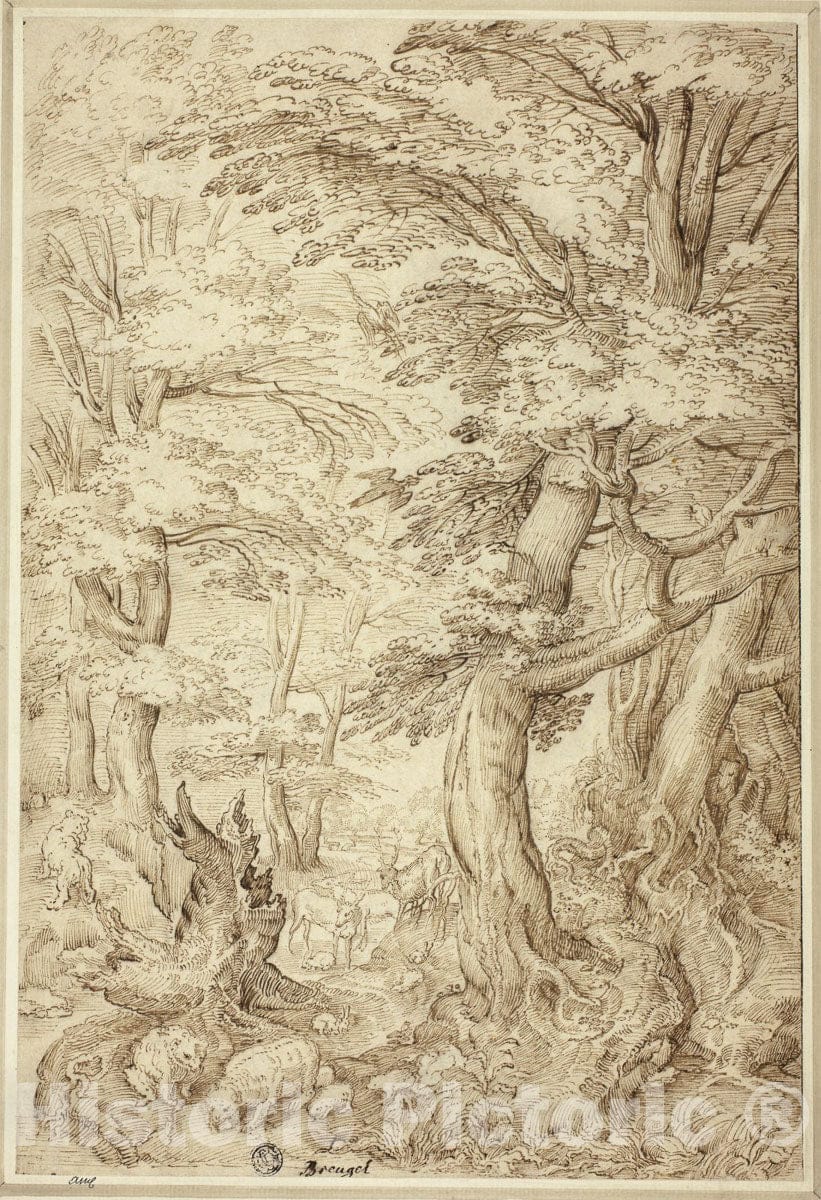Art Print : Forest Landscape with Wild Animals, Pieter Bruegel, the elder, c.1517, Vintage Wall Decor :