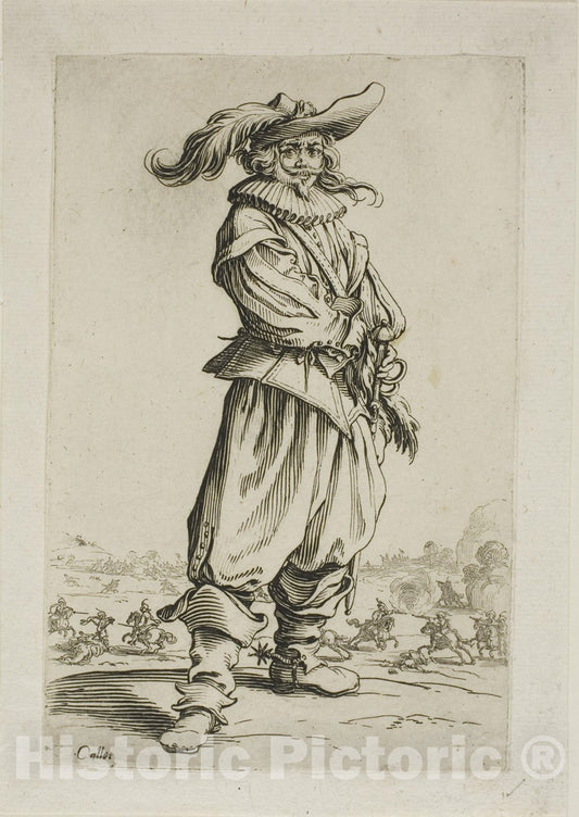 Art Print : The Soldier with a Plumed Hat, plate three from La Noblesse, Jacques Callot, c.1619, Vintage Wall Decor :