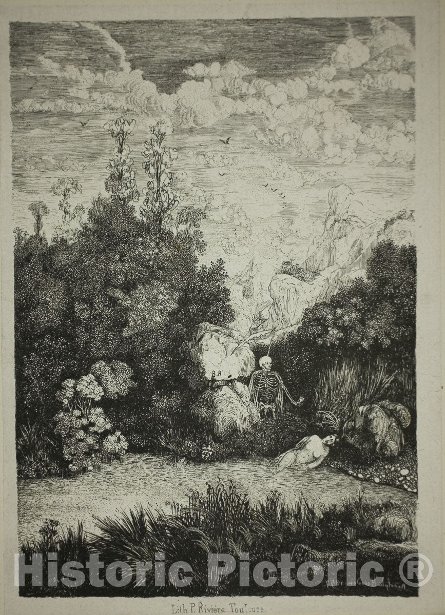 Art Print : Bathing Woman and Death, Rodolphe Bresdin, c 1971, Vintage Wall Decor :