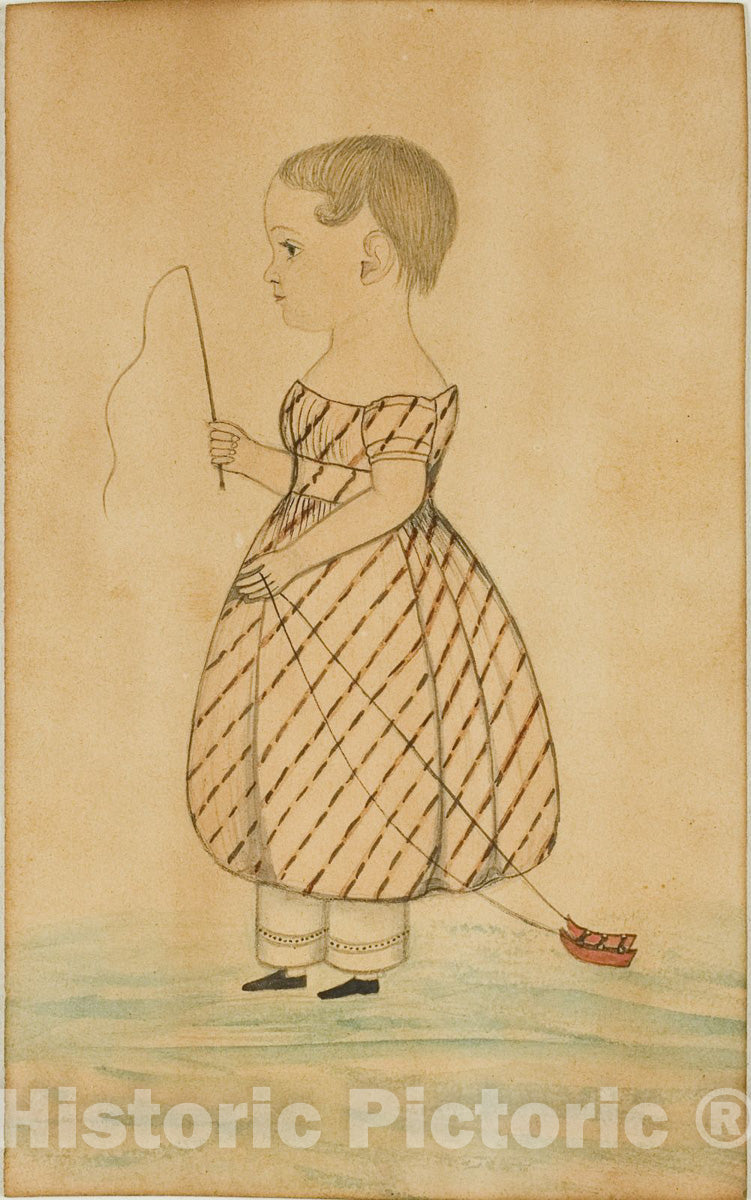 Art Print : Standing Girl in Profile to Left with Whip and Toy Sleigh, Unknown artist, c 1925, Vintage Wall Decor :