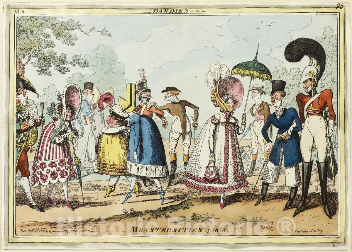 Art Print : Dandies or Monstrosities of 1818, George Cruikshank, c 1740, Vintage Wall Decor :