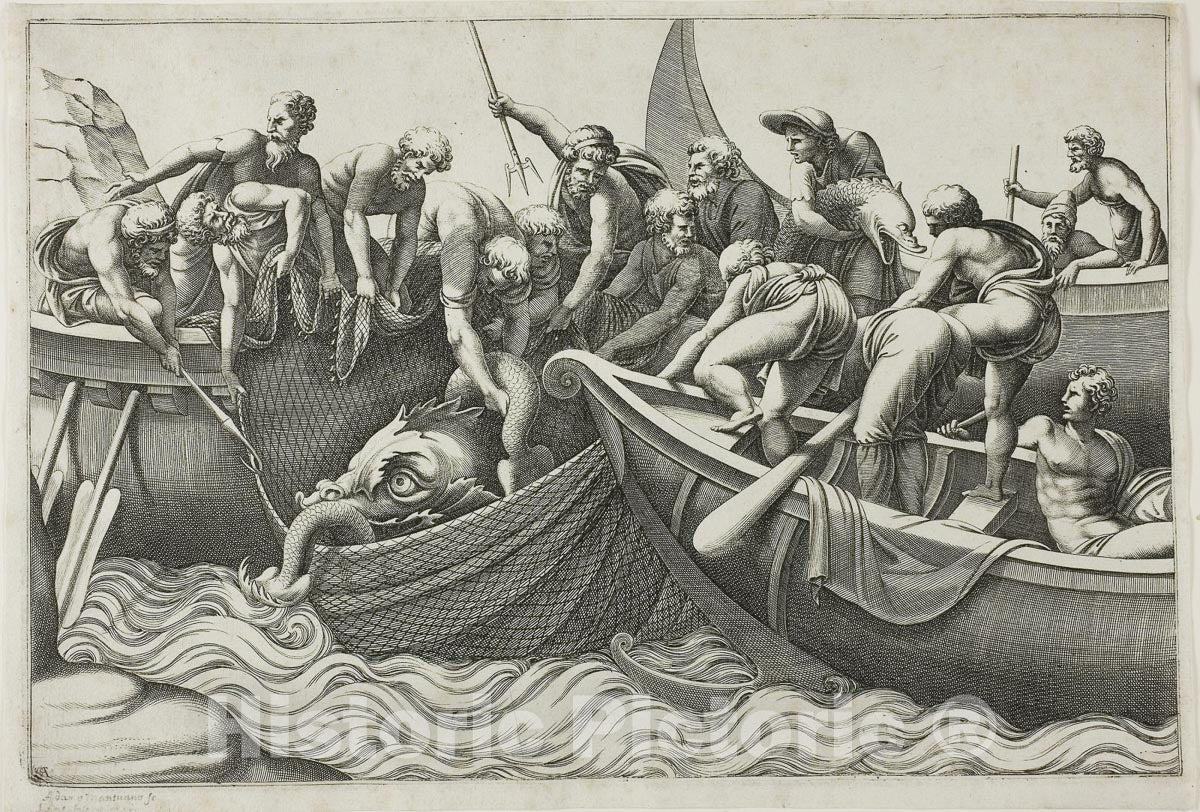 Art Print : Fishermen Catching a Sea Monster, Adamo Scultori, c 1679, Vintage Wall Decor :