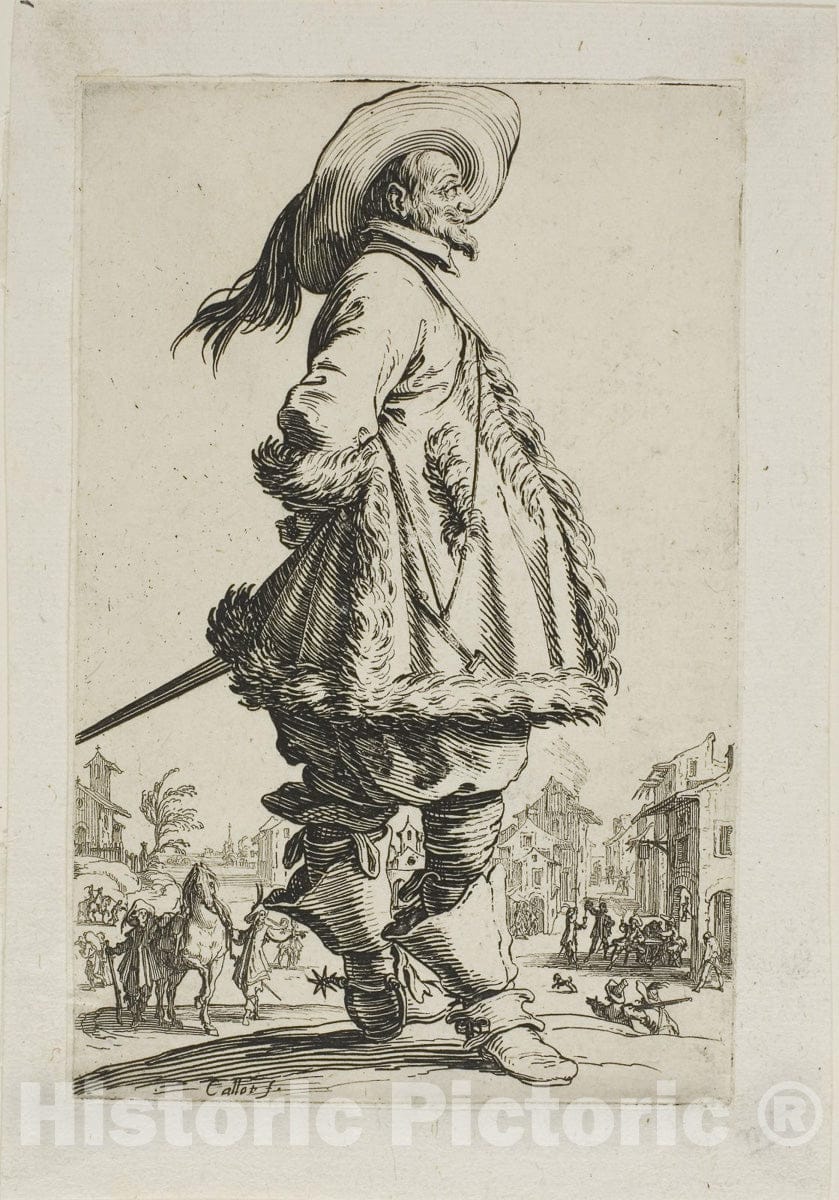 Art Print : The Gentleman in a Fur-Trimmed Mantle, Holding his Hands Behind his Back, plate seven from La Noblesse, Jacques Callot, c.1654, Vintage Wall Decor :