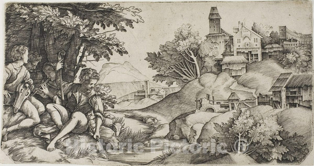 Art Print : Shepherds in a Landscape, Giulio Campagnola, c.1817, Vintage Wall Decor :