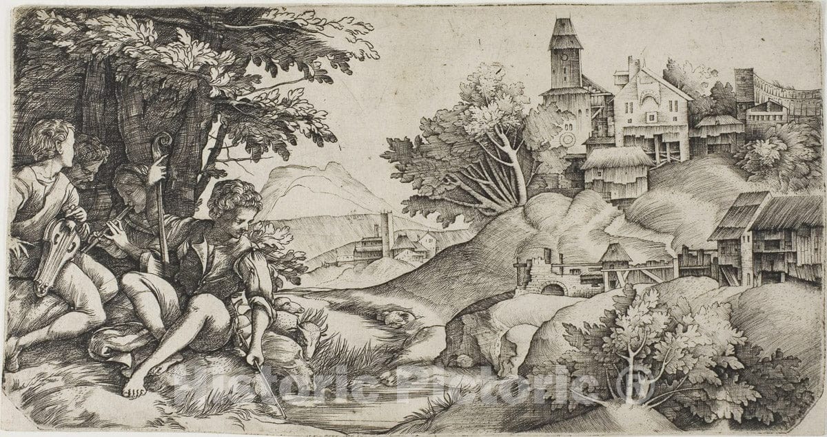 Art Print : Shepherds in a Landscape, Giulio Campagnola, c.1817, Vintage Wall Decor :