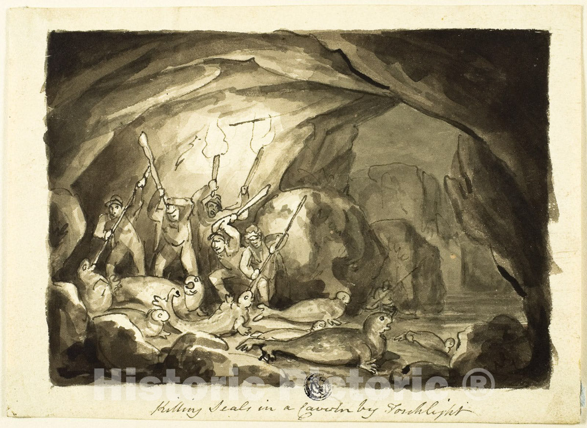 Art Print : Killing Seals in a Cavern by Torchlight (recto); Sketch of Hunters and Board (verso), Samuel Howett, c 1728, Vintage Wall Decor :