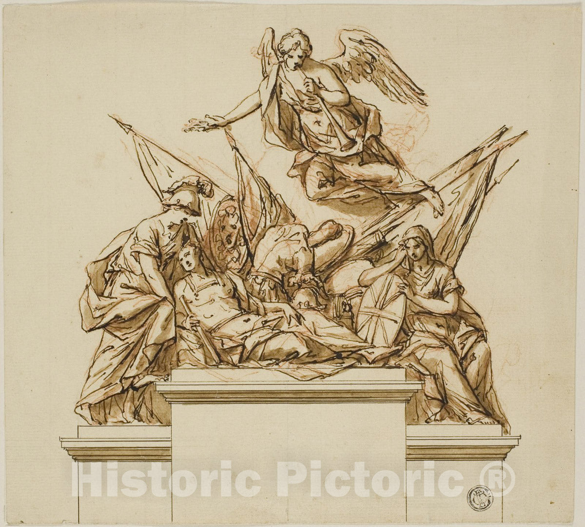 Art Print : Warrior Accompanied by Britannia, Minerva, and Fame, John Michael Rysbrack, c.1618, Vintage Wall Decor :