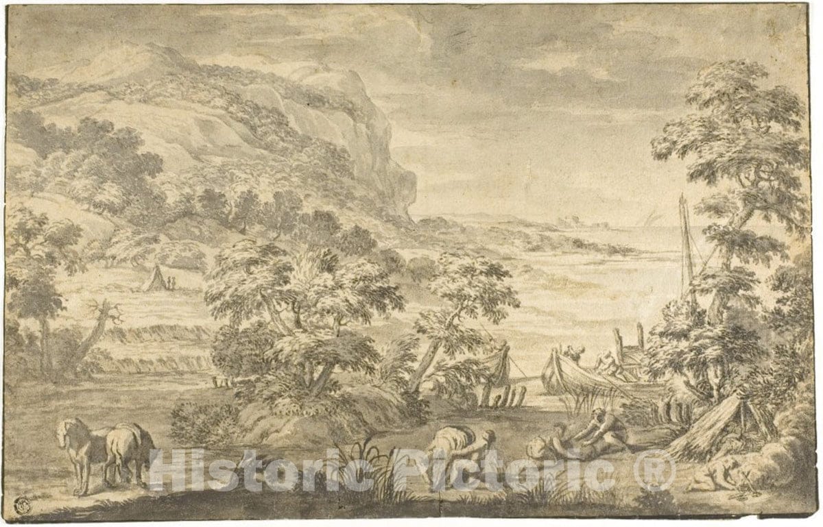 Art Print : Italianate Coastal Scene with Fishermen, Encampment (recto); River Estuary (verso), Pietro da Cortona, c.1946, Vintage Wall Decor :
