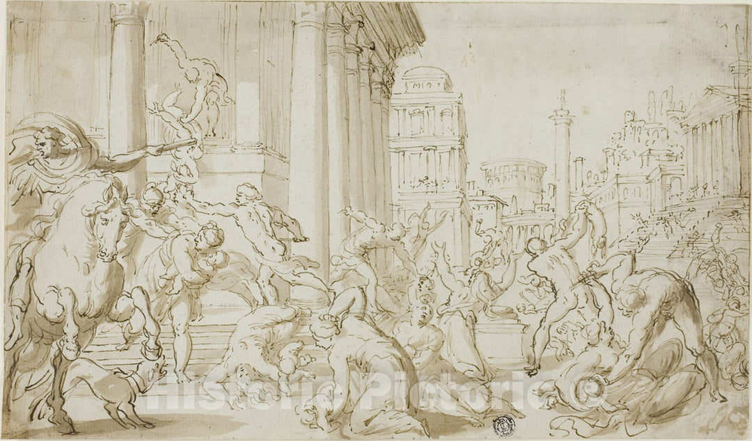 Art Print : Massacre of the Innocents (recto); Figure Sketches (verso), School of Nicolas Poussin, c.1565, Vintage Wall Decor :