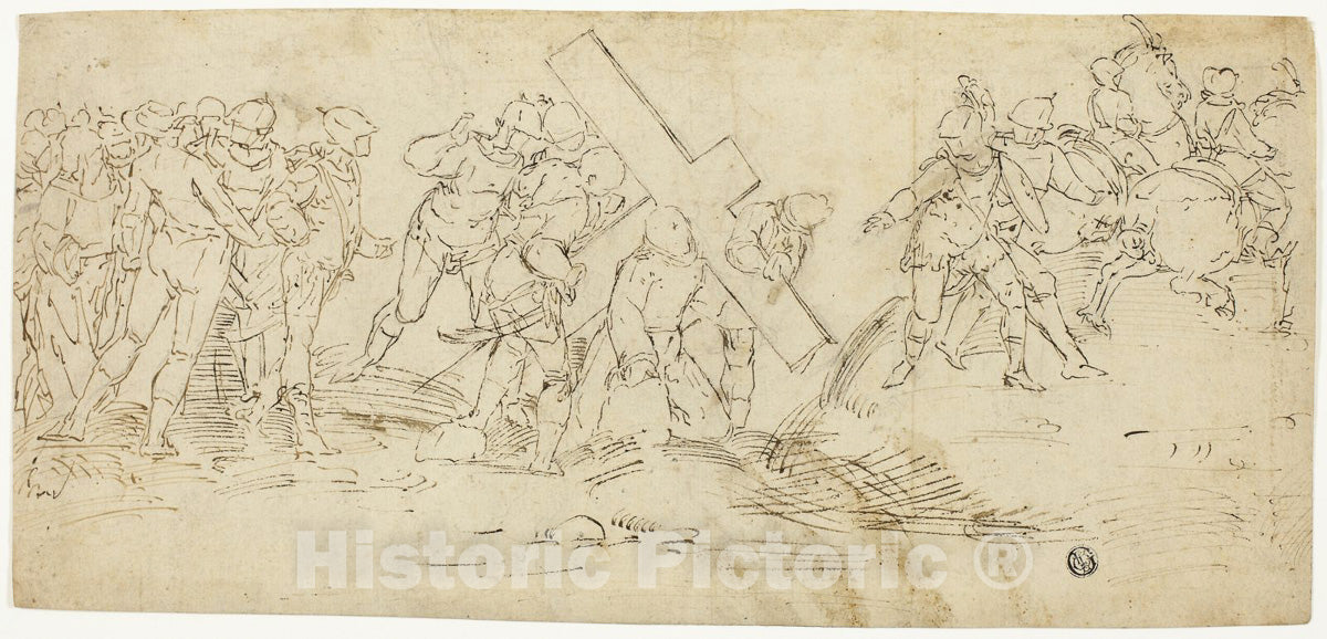 Art Print : Via Crucis; Christ Falling Beneath the Cross (recto) Sketch of Male Nude (verso), Follower of Luca Cambiaso, c.1805, Vintage Wall Decor :