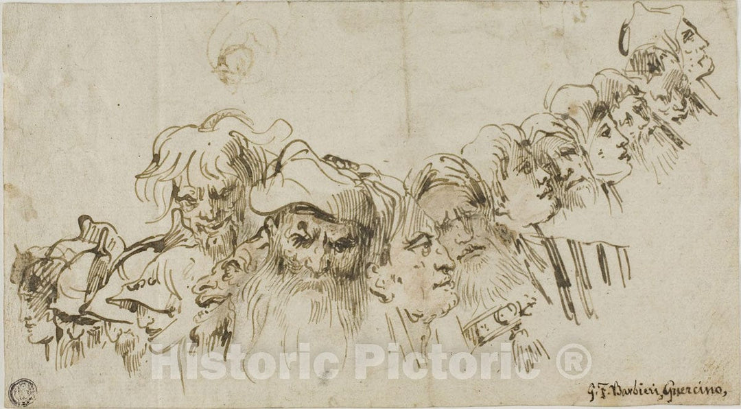 Art Print : Sketches of Male Heads (recto); Queen and Page (verso), Giovanni Domenico Tiepolo, c.1649, Vintage Wall Decor :
