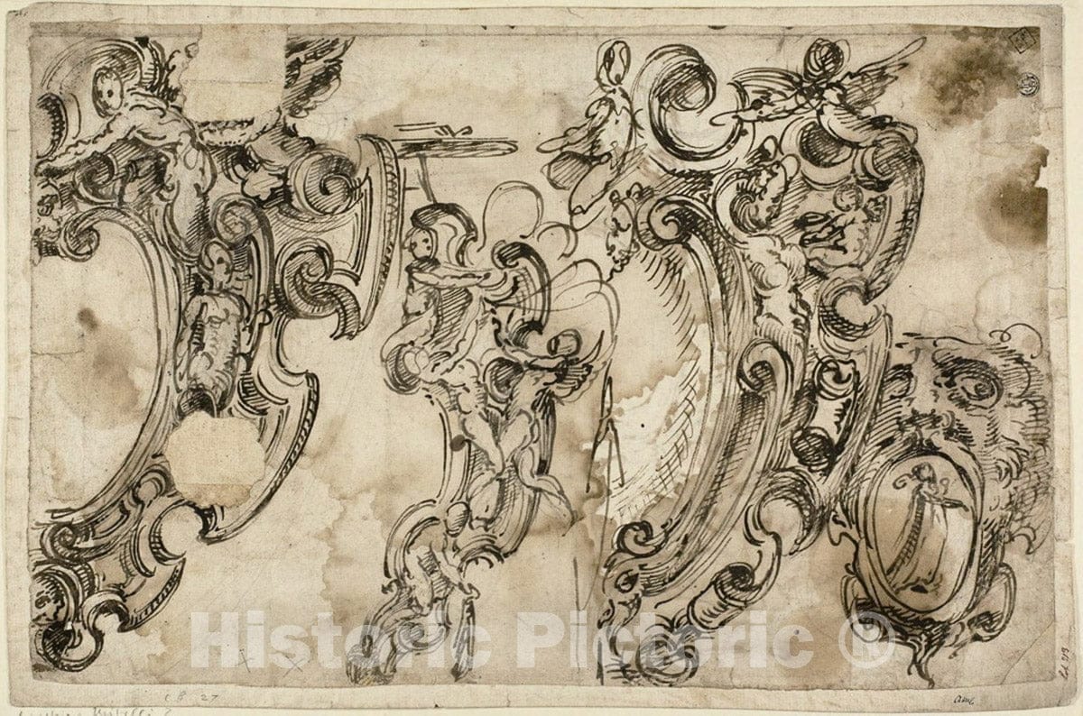 Art Print : Sketches of Decorative Motifs (recto); Sketch of Decorative Motif (verso), Agostino Mitelli, c 1847, Vintage Wall Decor :