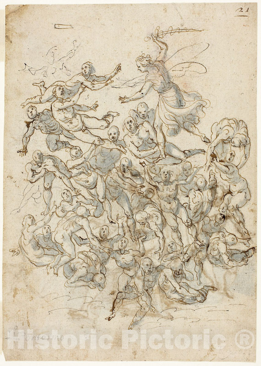 Art Print : Fall of the Damned (recto); Sketches of Seated Saint John the Baptist (verso), Circle of Cigoli, c.1705, Vintage Wall Decor :