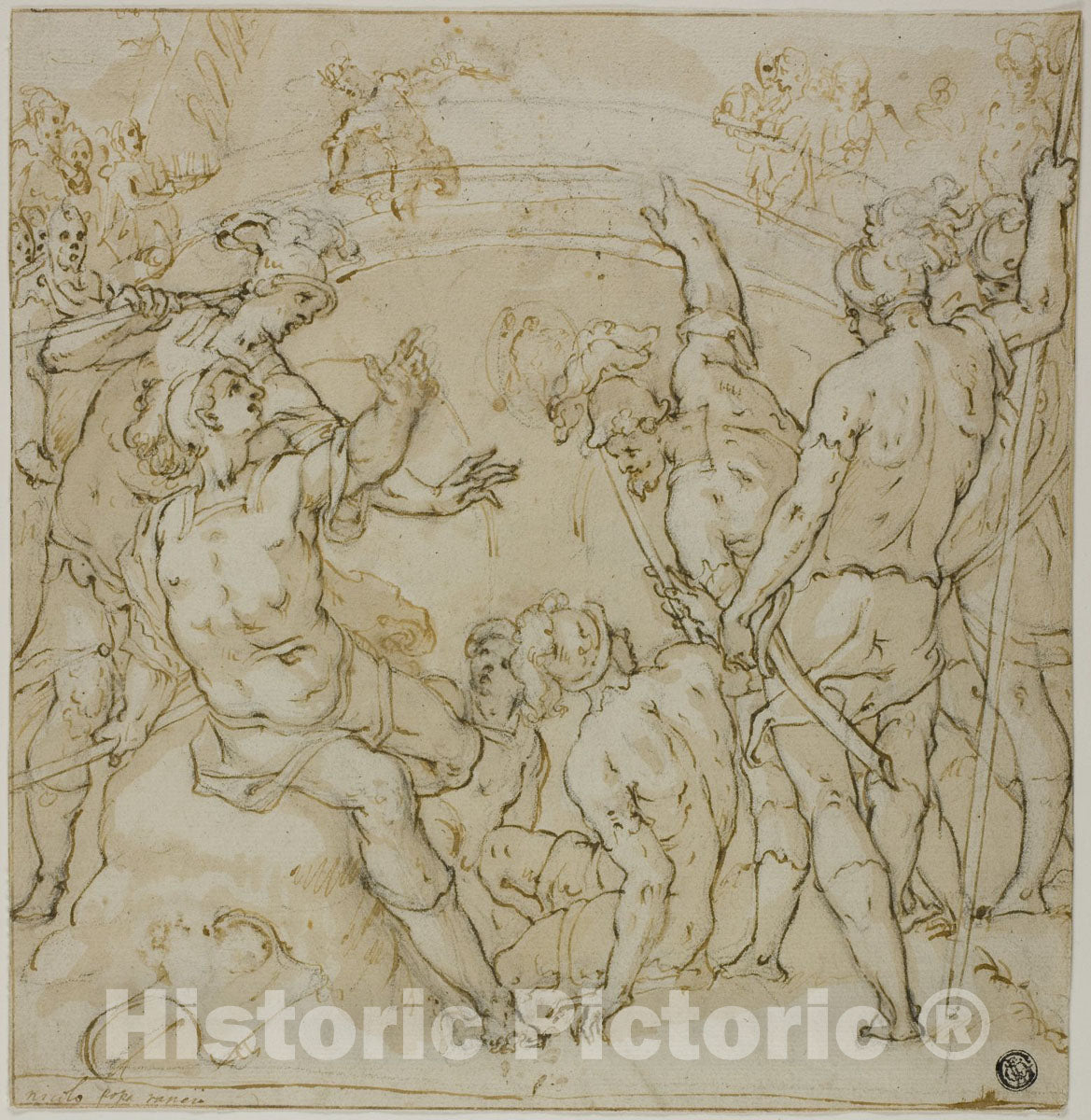 Art Print : Study for the Duel between Heraclius and Khosrau (recto); Sketches of Seated Figure (verso), NiccolÃ² Circignani, (Pomarancio), c.1668, Vintage Wall Decor :