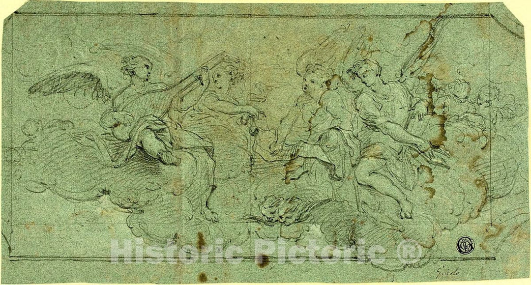 Art Print : Musician Angels in Clouds (recto); Seated Cleric (verso), Unknown artist, c.1731, Vintage Wall Decor :