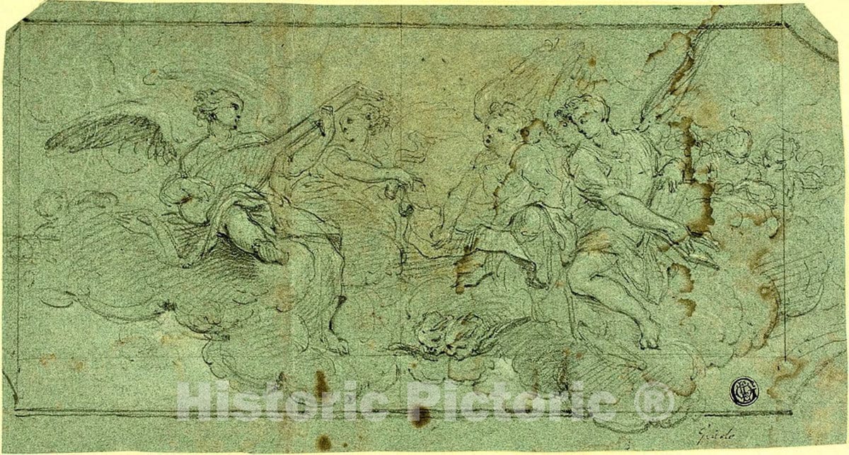 Art Print : Musician Angels in Clouds (recto); Seated Cleric (verso), Unknown artist, c.1731, Vintage Wall Decor :