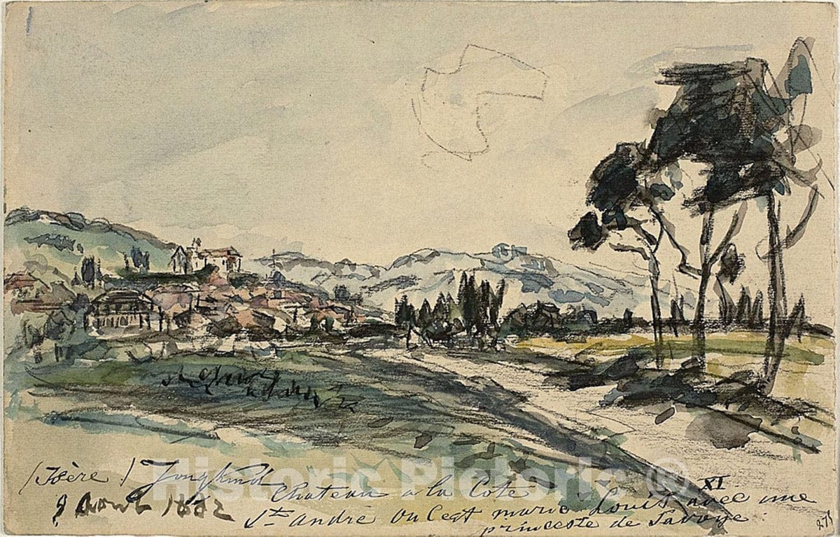 Art Print : Chateau, Cote Saint Andre (recto) Empty Cart and Shed with Other Sketches (verso), Johan Barthold Jongkind, c 1936, Vintage Wall Decor :