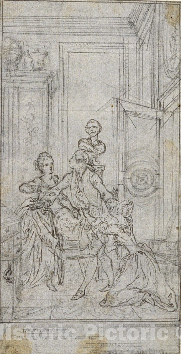 Art Print : Study for Vignette-Frontispiece in Charles-Simon Favarts "LAmitie Ã  lEpreuve", Hubert FranÃ§ois Gravelot, c 1814, Vintage Wall Decor :